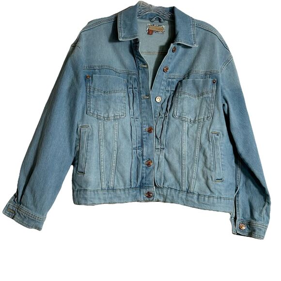 Anthropologie Pilcro Pleated Front Denim Jacket  Sz. XS Light Wash Back Buckle - Picture 3 of 16